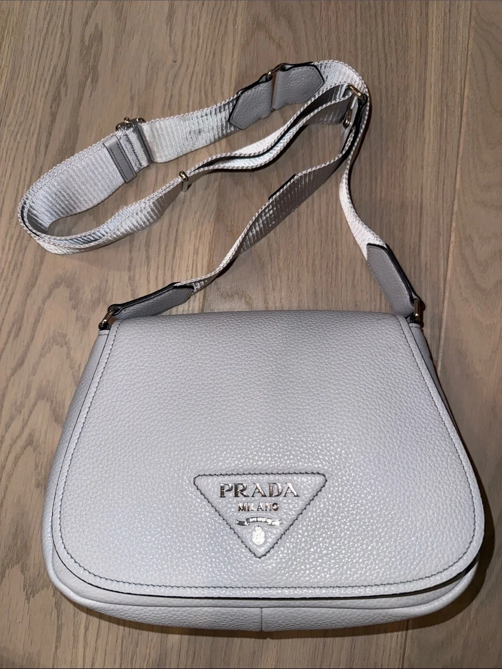 Prada Grey Pebbled Leather Crossbody Saddle Bag, Vitello Daino